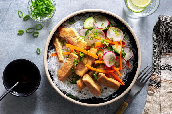Saigon noodle bowls with five-spice tofu and cucumber-radish salad