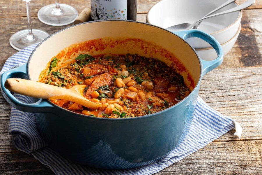 New England baked bean cassoulet with Italian sausage