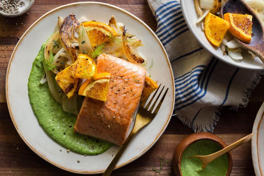 Salmon and braised fennel with charred orange and green goddess dressing