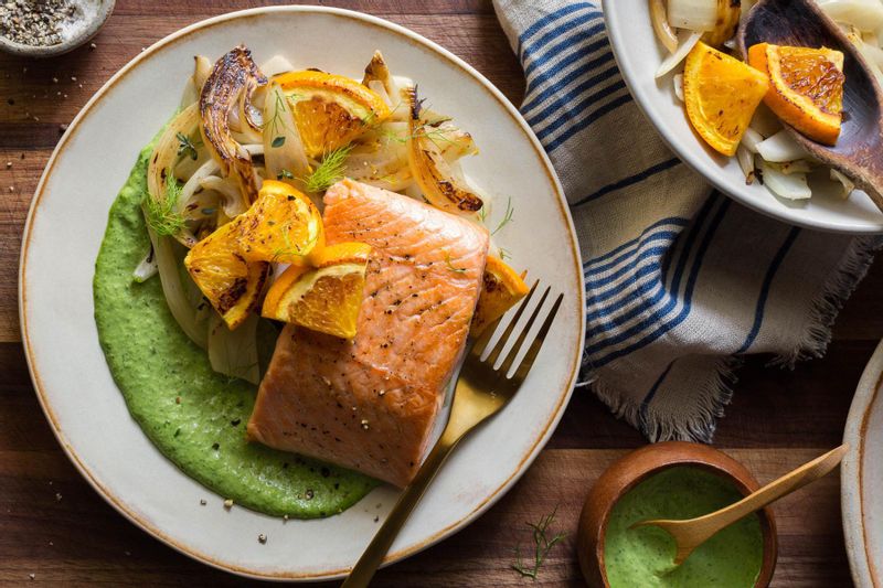 Salmon and braised fennel with charred orange and green goddess ...