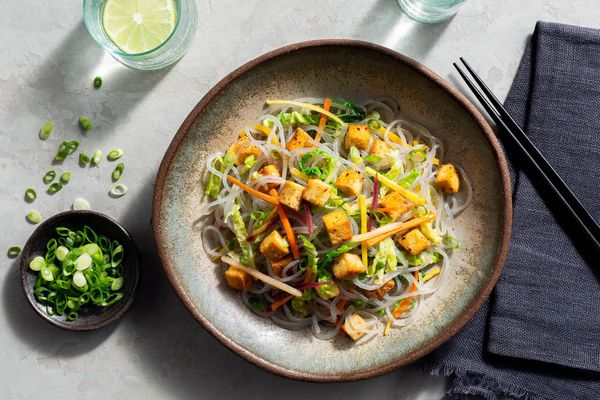 Korean glass noodle japchae with cabbage and carrots