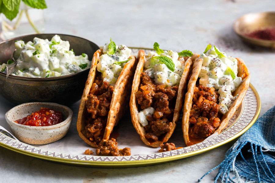 Lamb lavash tacos with ras el hanout and tzatziki