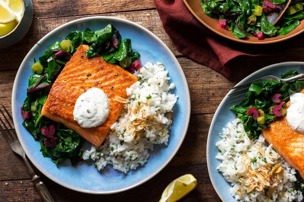 Salmon with greens, lemon-dill yogurt, and herbed rice | Sunbasket