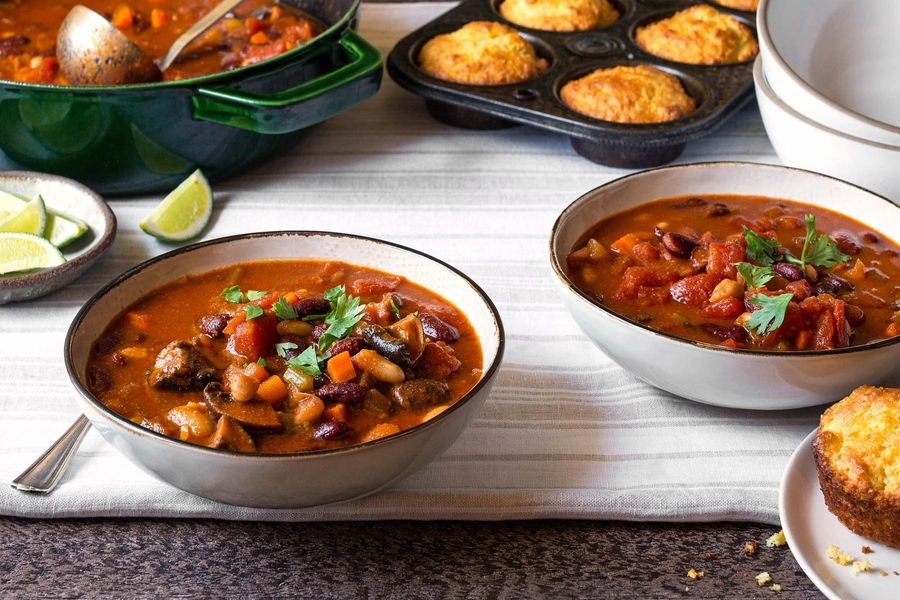 Two bean–mushroom chili with gluten-free cornbread