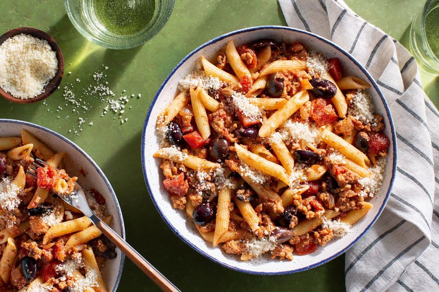 Penne with your choice of protein, tomato-olive sauce, and fresh ricotta