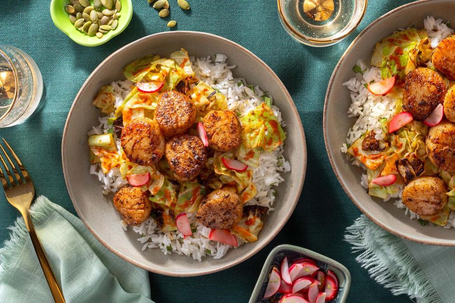 Baja bowls with chipotle cabbage over cilantro-lime rice