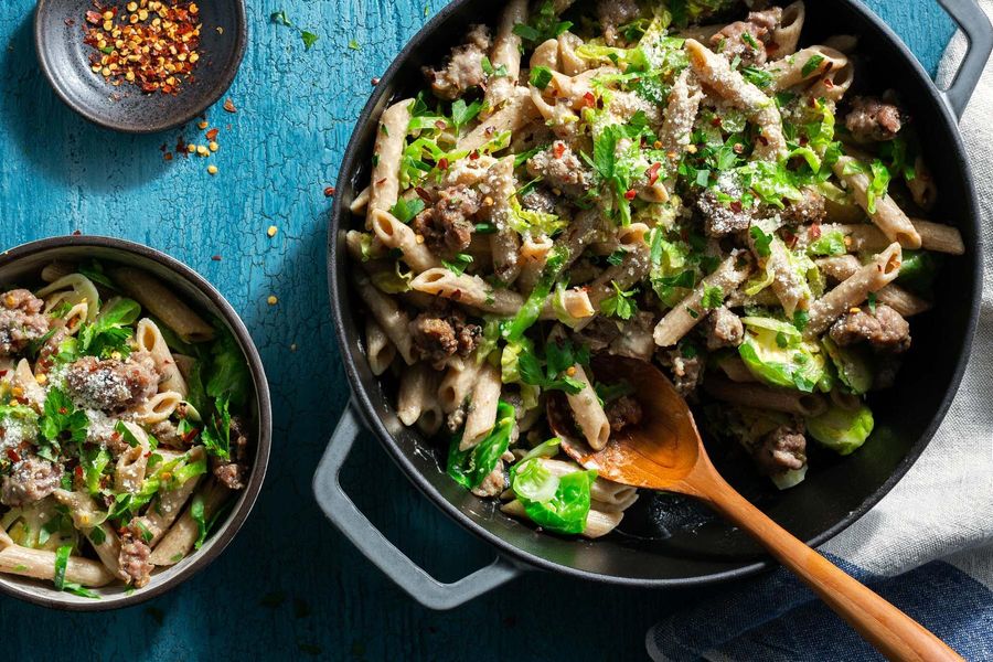 Fresh penne and “creamy” white sauce with sausage and Brussels sprouts