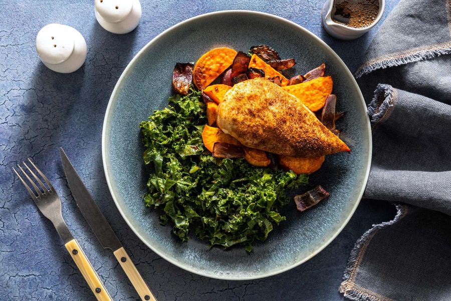 Moroccan sheet pan chicken and roasted sweet potato with kale salad