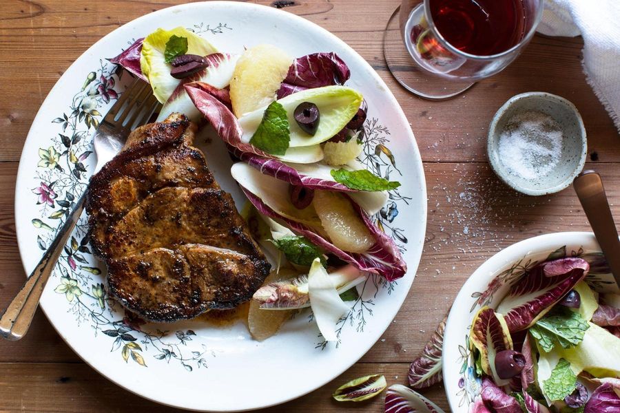 Harissa pork blade steaks with grapefruit salad