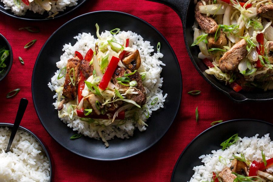 Chinese five-spice pork stir-fry with cabbage and red peppers