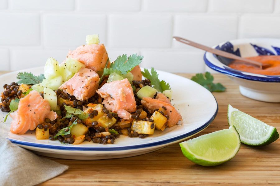 Roasted salmon with black lentil salad and diablo sauce