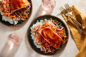 Roasted gochujang salmon with jasmine rice and carrot-coriander salad