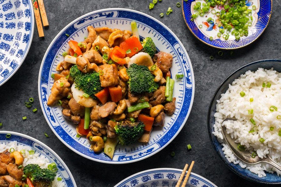 Cashew chicken and broccoli stir-fry with jasmine rice