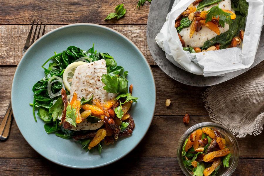 sole in parchment with warm date and apricot salad image