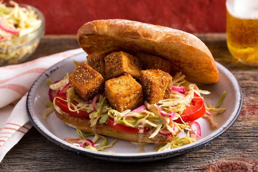 New Orleans po' boy sandwiches with cornmeal-crusted tofu and cabbage slaw