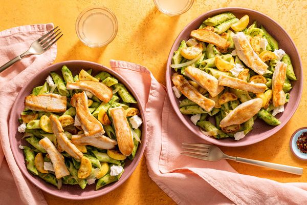 Top sirloin steak strips with penne, squash, and sweet pea pistou