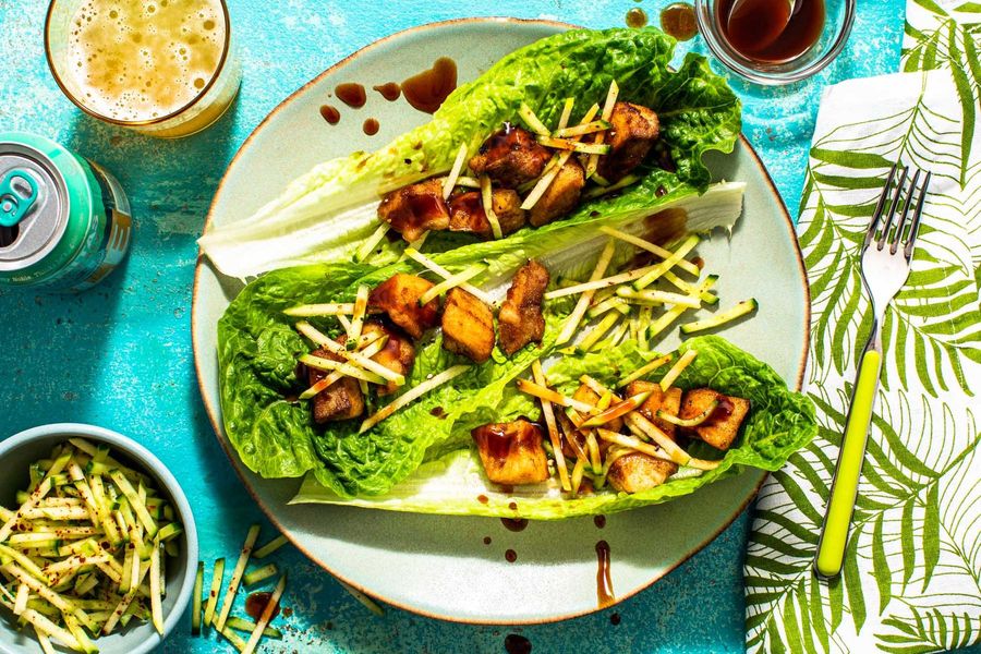 Korean BBQ lettuce cups with pollock and apple-cucumber slaw