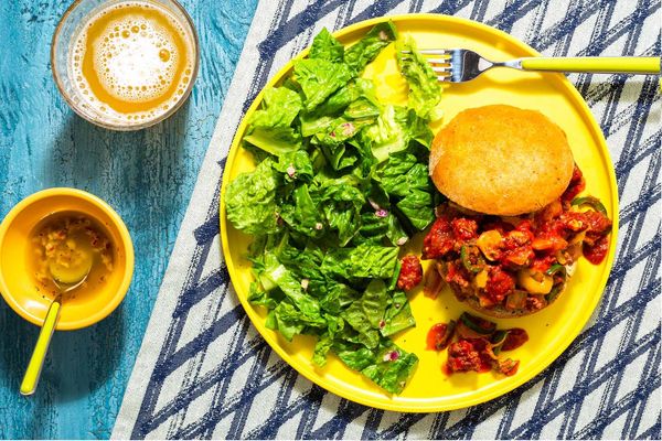Cheesy chicken sloppy joes with crisp lettuce salad