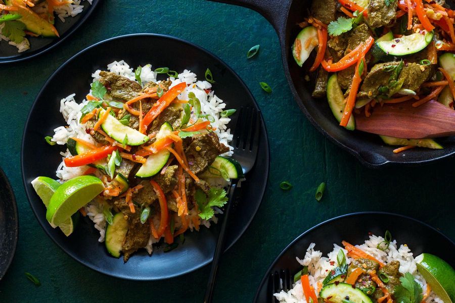 Vietnamese steak stir-fry with jasmine rice