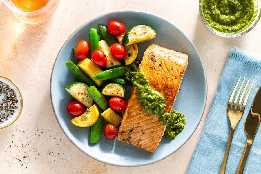 Seared salmon with chimichurri and Provençal vegetables