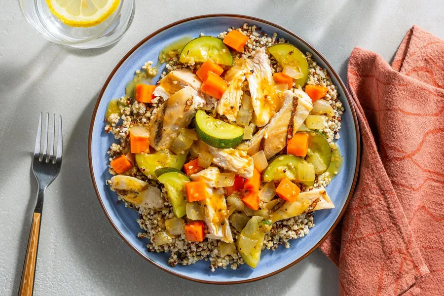 Grilled ginger-citrus chicken with rainbow quinoa and roasted zucchini