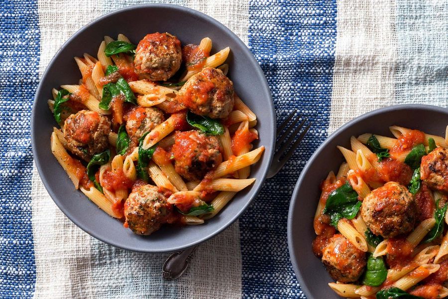 Turkey meatballs and penne in marinara sauce