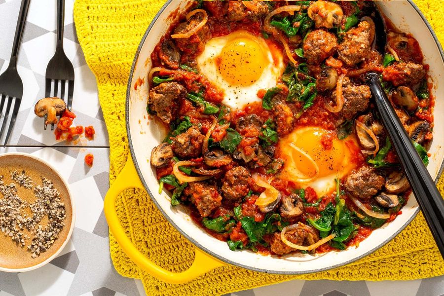 Eggs in purgatory with spicy mushrooms and kale