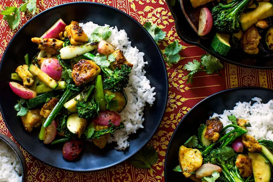 Lemongrass chicken stir-fry with baby broccoli and jasmine rice