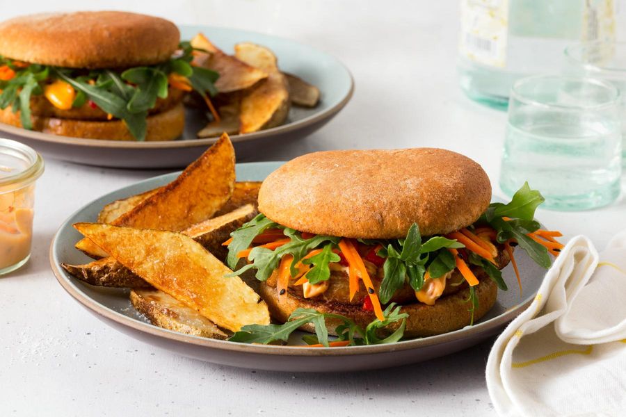 Tofu burgers with oven fries and sambal mayo