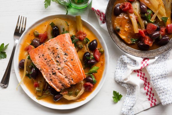 Pan-seared salmon with fennel, caper, and olive sauce