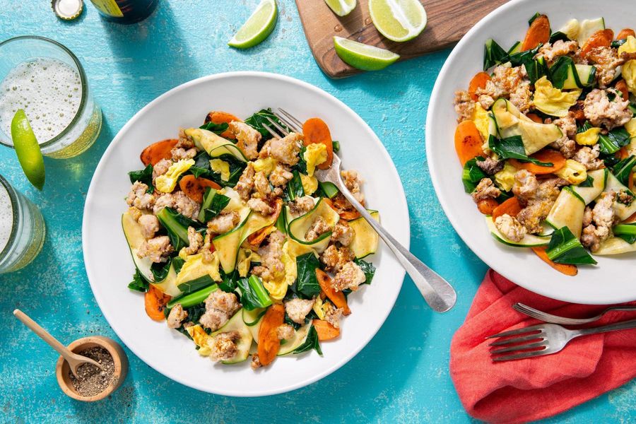 Thai pad see ew with “zoodles” and broccoli leaves