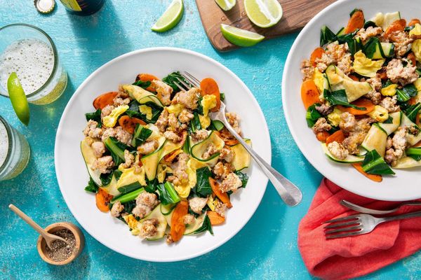 Thai turkey pad see ew with “zoodles” and broccoli leaves