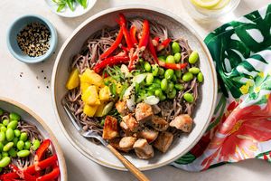 Fast Hawaiian noodle bowls with pork, pineapple, and edamame