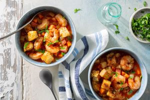 Jersey Shore shrimp chowder with spiced ciabatta croutons