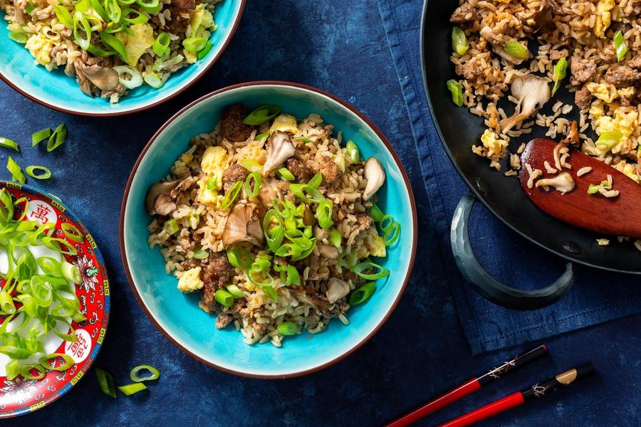 Five-spiced turkey fried rice with mushrooms