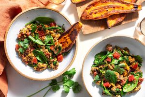 Spicy scrambled egg bhurji with sweet potato “toasts”