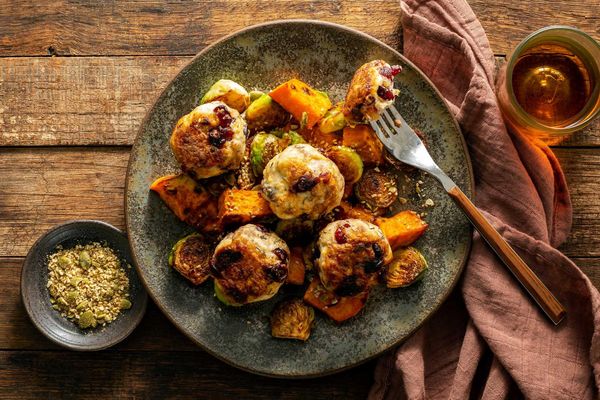 Turkey-cranberry meatballs with roasted Brussels sprouts and sweet potato