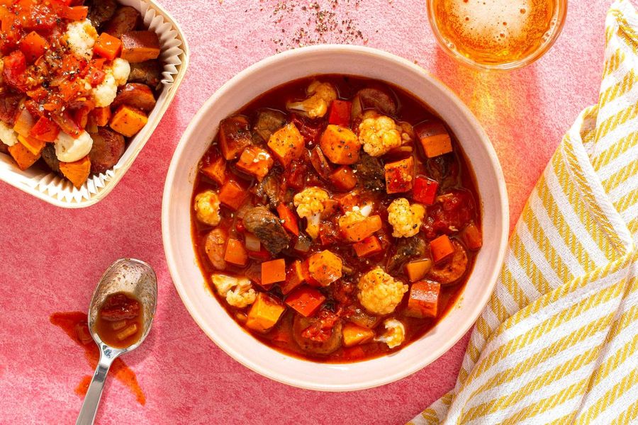 Hungarian-style goulash with beef, sausage, and sweet potato
