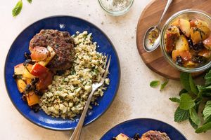 Middle Eastern lamb-beef patties with pear chutney and cauliflower “rice”