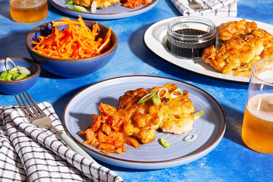 Shrimp-scallion pancakes with pickled carrots, kimchi, and cheddar