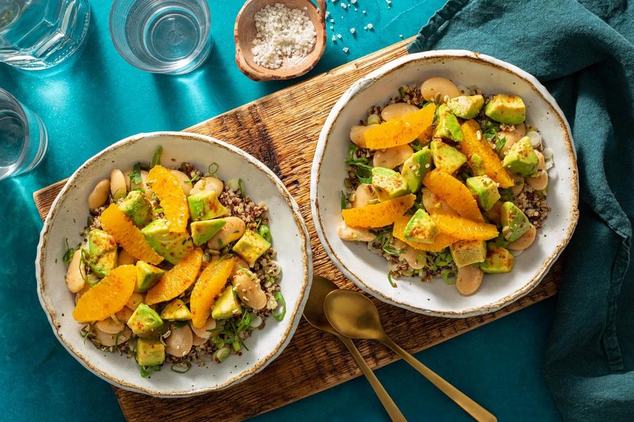 Mayan butter bean and quinoa bowls with avocado and oranges