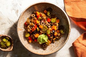 Spicy Southwest turkey and sweet potato skillet with guacamole