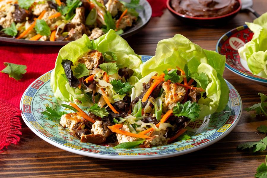 Mu shu lettuce cups with braised tofu and wood ear mushrooms