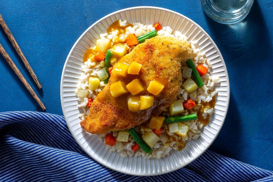 Japanese curry chicken katsu with roasted vegetables and brown rice