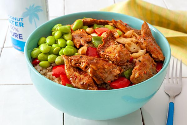 Kung pao bowl with Daring plant-based chicken, cashews, and brown rice
