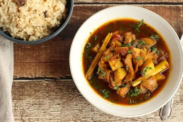 Burmese chicken and aloo with spiced coconut rice