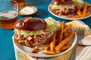 Pineapple BBQ pulled chicken sandwiches with sweet potato fries