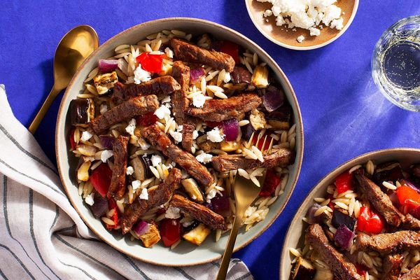 Lemony orzo with chicken, roasted eggplant, and bell pepper