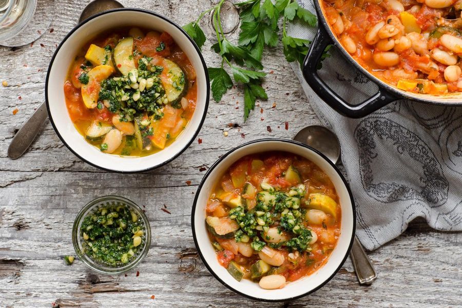 White bean stew with summer squash and parsley pesto