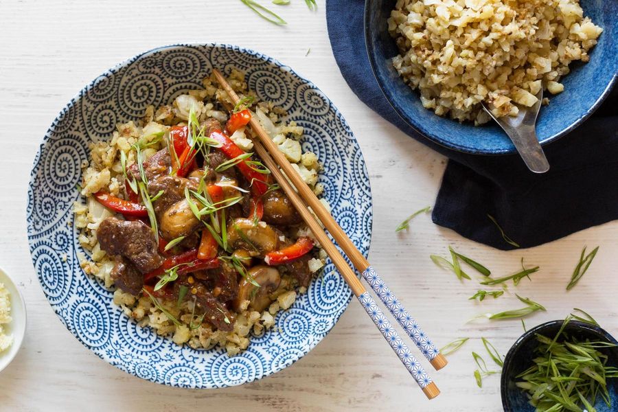 Steak teriyaki with cauliflower “rice”